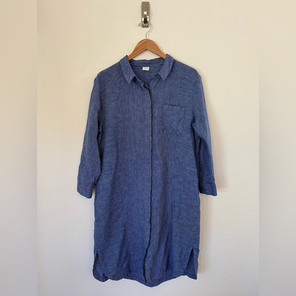 Poetry Linen Blue & White Stripe 3/4th Sleeve Button Down Dress Women’s Size 12